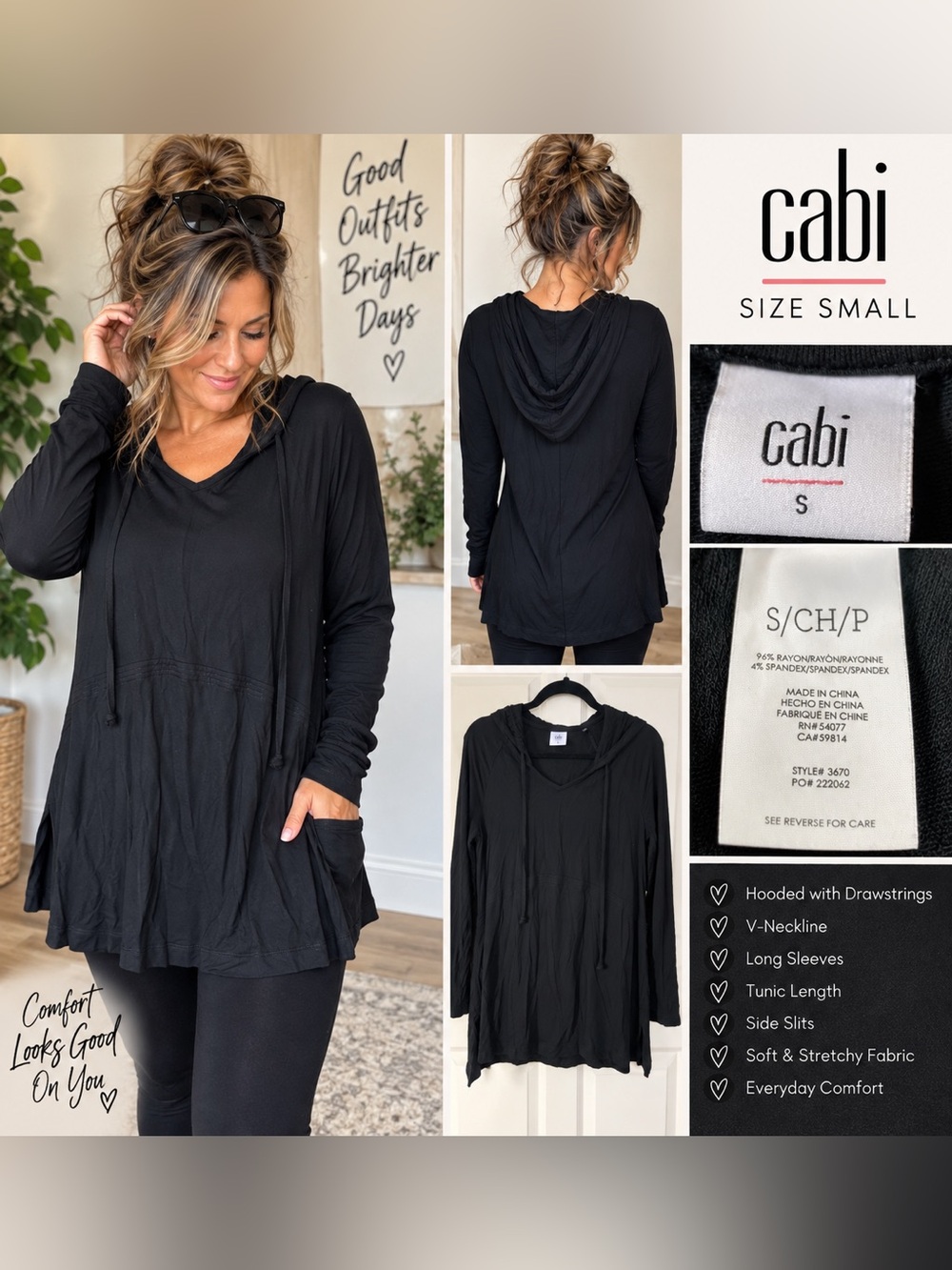 CAbi Black Hooded Tunic Pullover Top Size Small Rayon Stretch